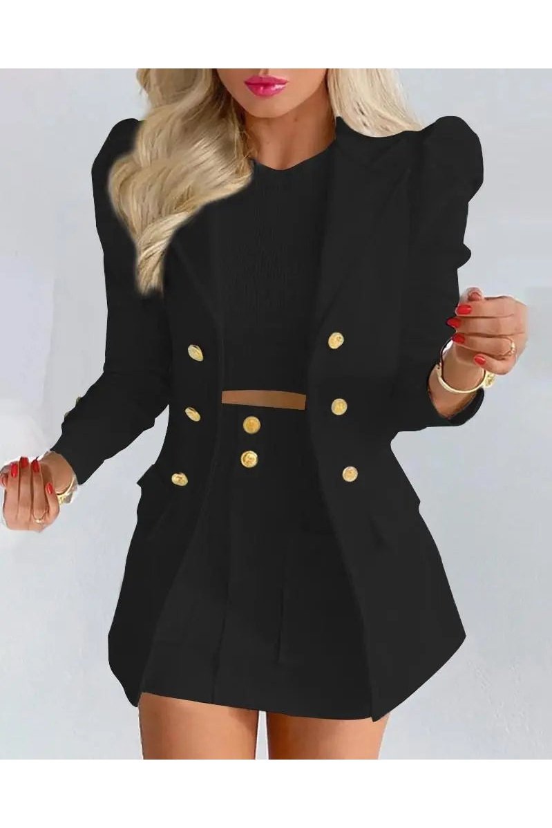 Women's Two Piece Puff Sleeve Blazer And Mini Skirts Outfit