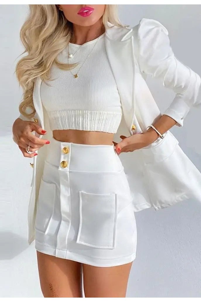 Women's Two Piece Puff Sleeve Blazer And Mini Skirts Outfit