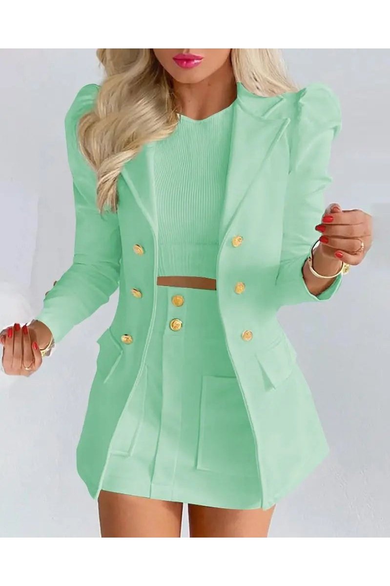 Women's Two Piece Puff Sleeve Blazer And Mini Skirts Outfit