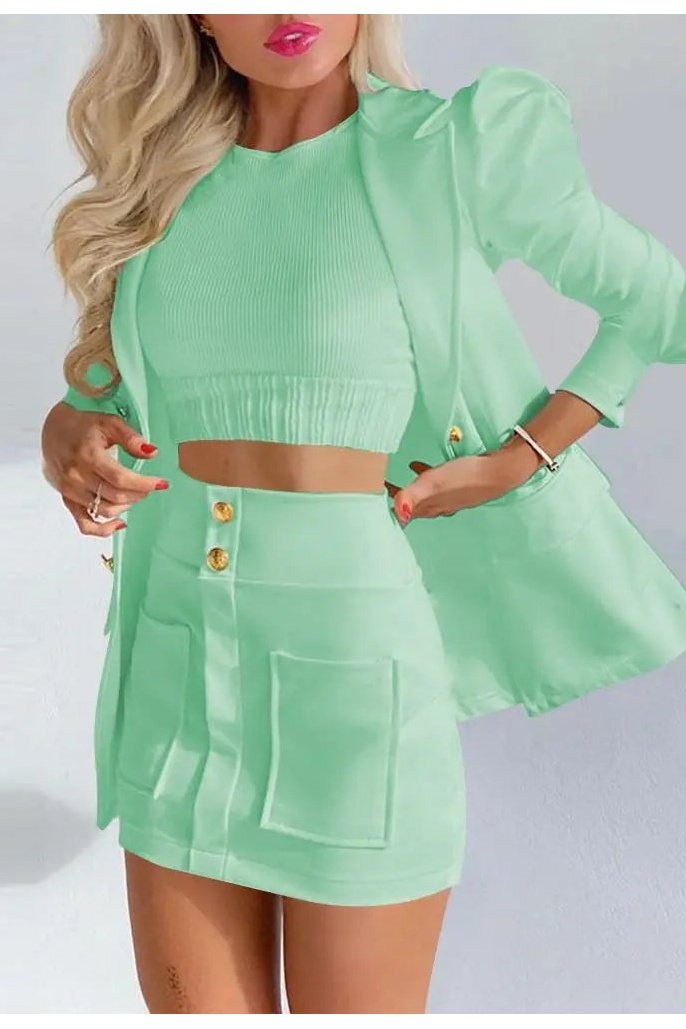 Women's Two Piece Puff Sleeve Blazer And Mini Skirts Outfit