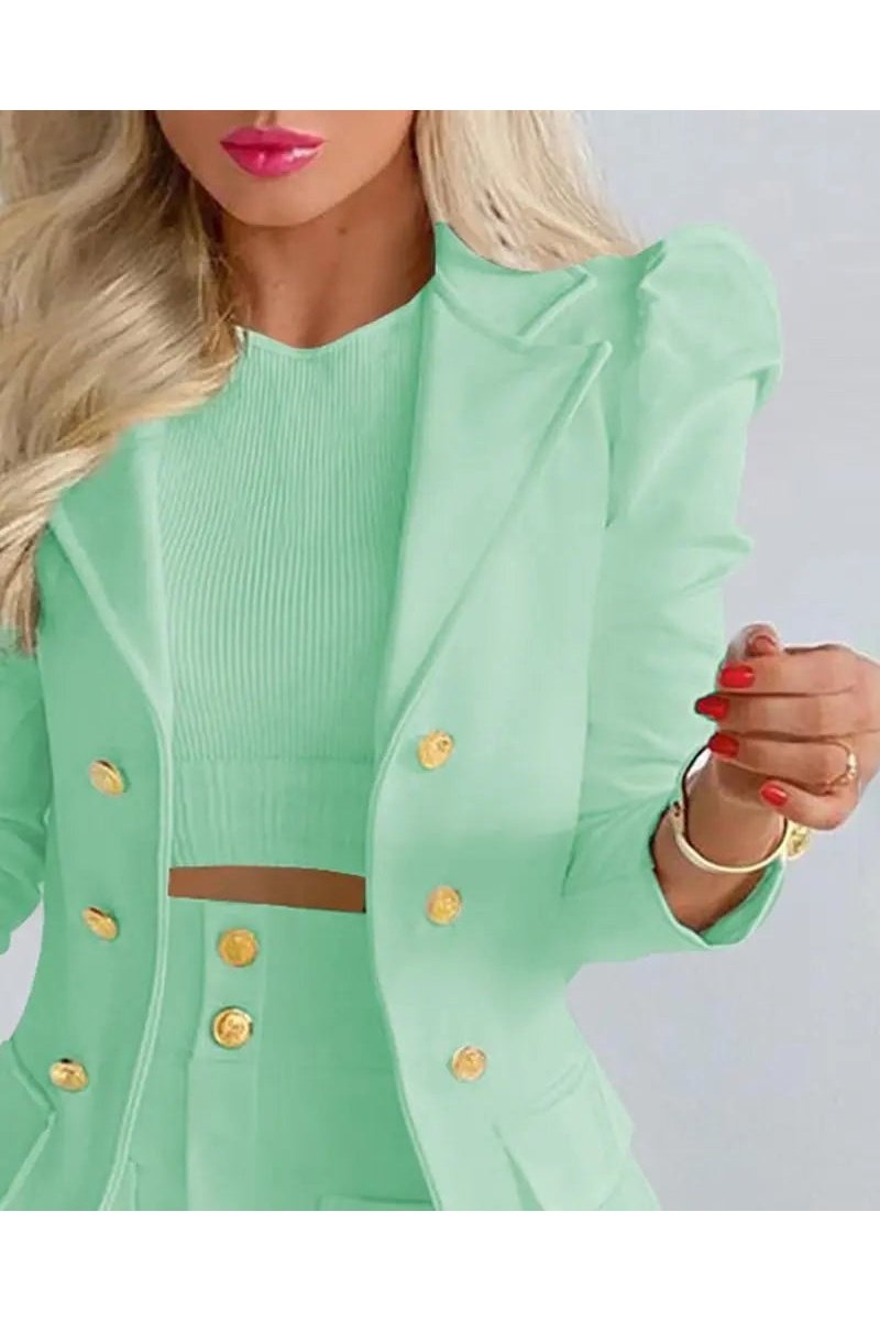 Women's Two Piece Puff Sleeve Blazer And Mini Skirts Outfit