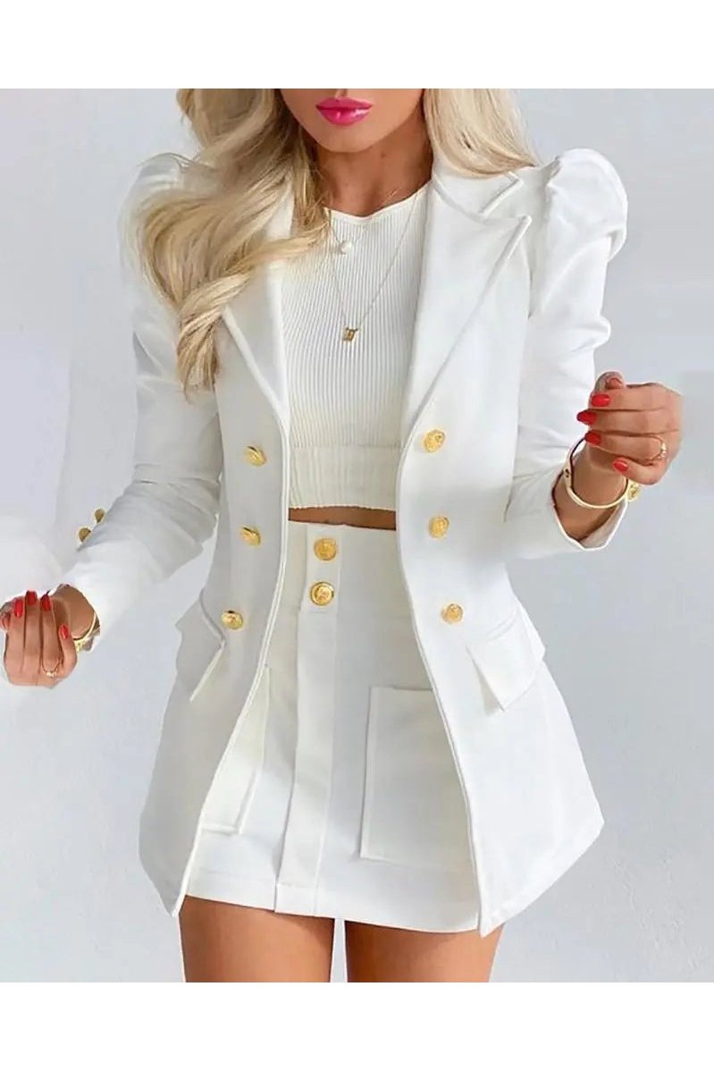 Women's Two Piece Puff Sleeve Blazer And Mini Skirts Outfit