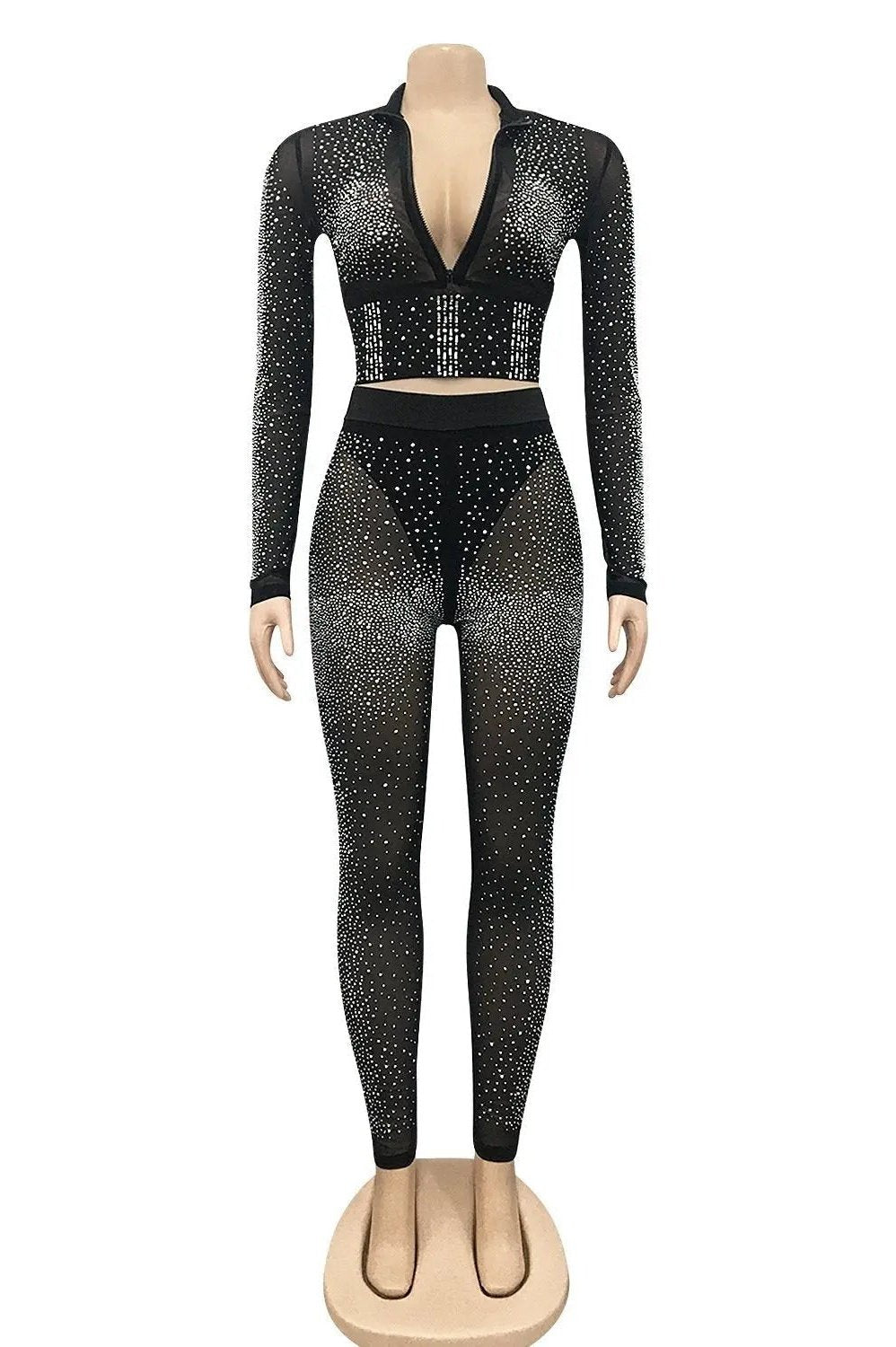 Women's Two Piece Rhinestone Mesh Crop Top And Skinny Pants Set