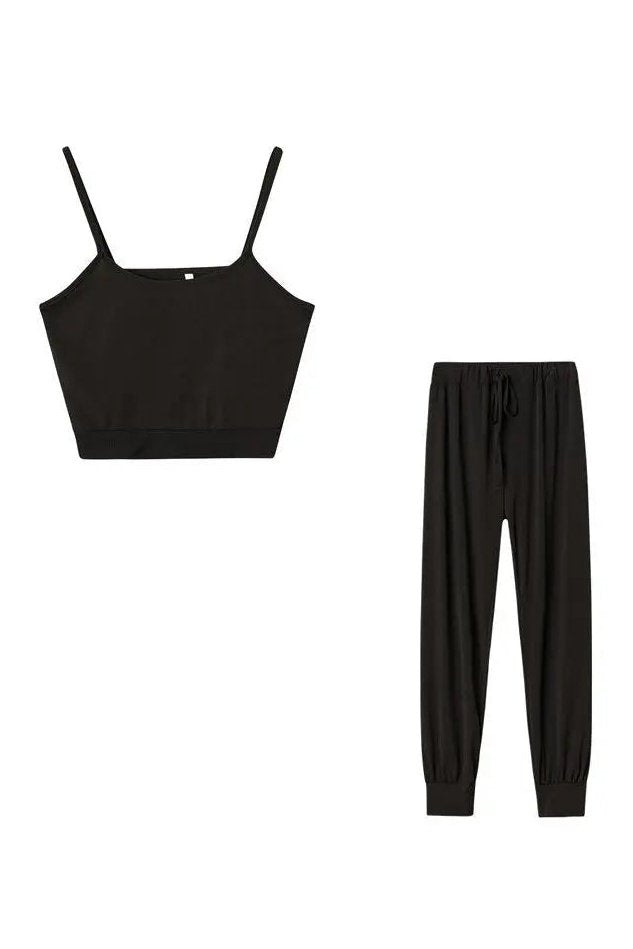 Women's Two Piece Ribbed Knit Crop Camisole And Pants Lounge Set