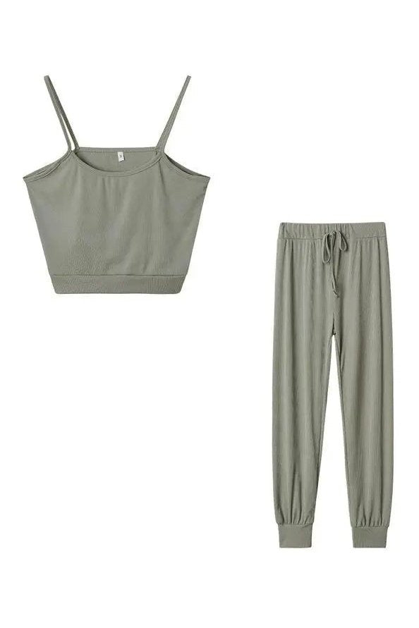 Women's Two Piece Ribbed Knit Crop Camisole And Pants Lounge Set