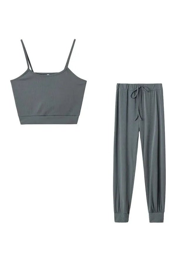 Women's Two Piece Ribbed Knit Crop Camisole And Pants Lounge Set