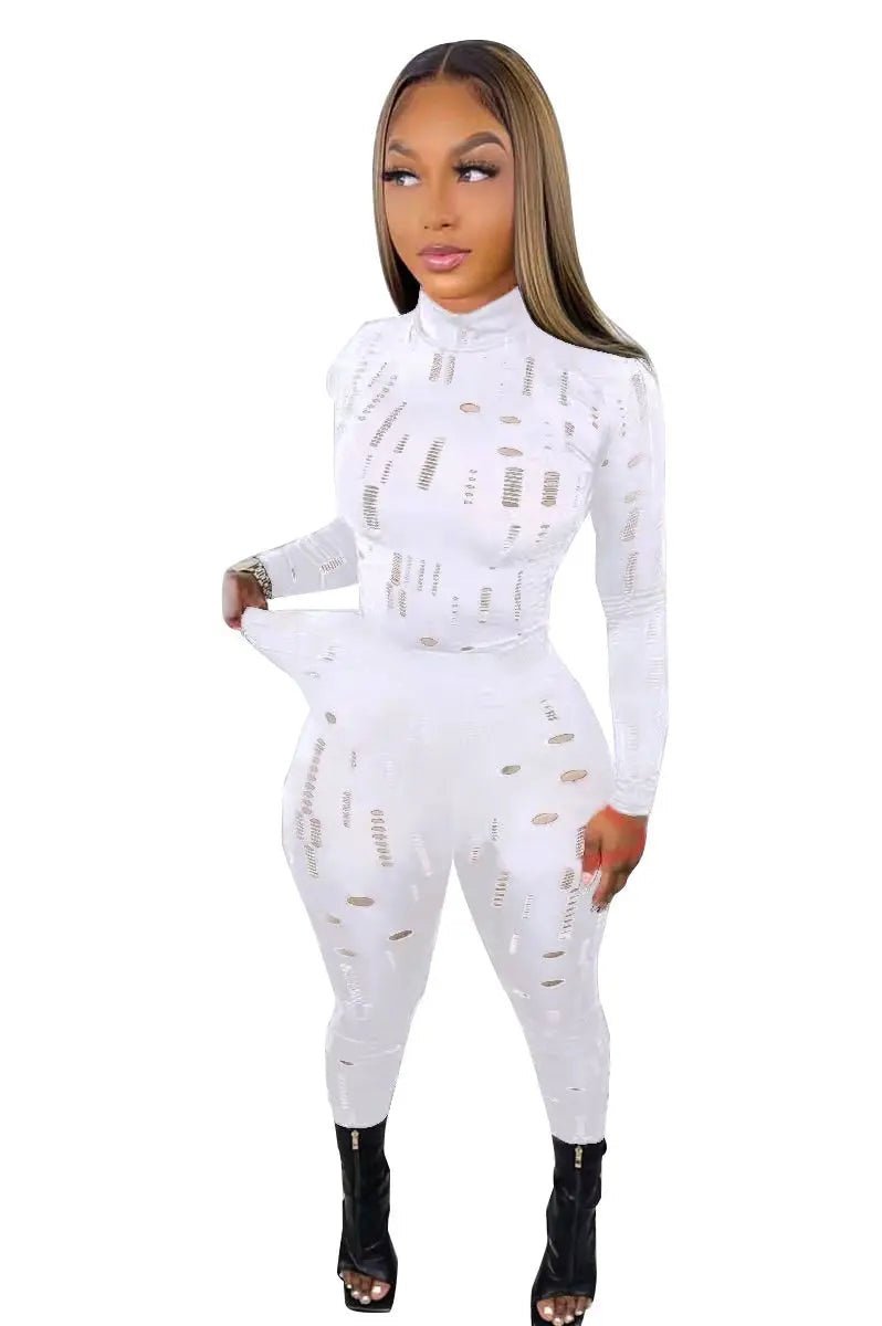 Women's Two Piece Ripped Mock Neck Tops And Skinny Pants Set