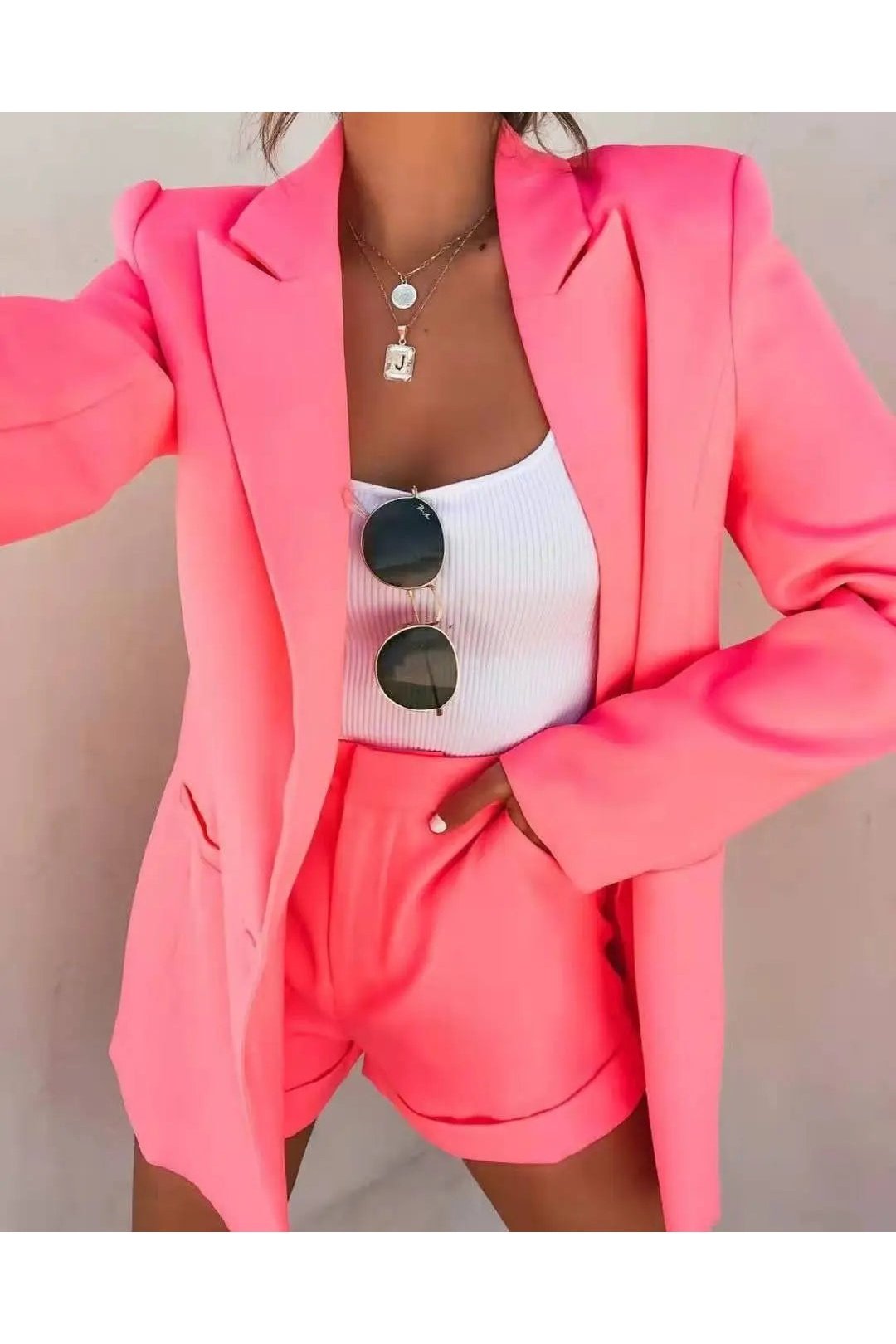 Women's Two Piece Shawl Collar Blazer And Shorts Outfit