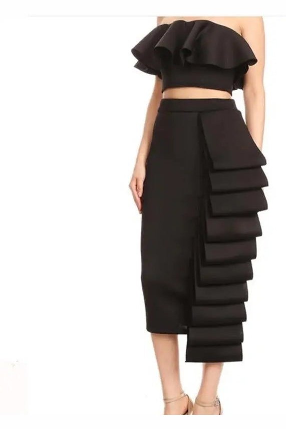 Women's Two Piece Tube Crop Top And Layered Bodycon Skirts Set