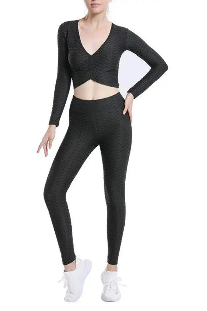 Women's Two Piece V Neck Crop Top And Tummy Control Leggings Set