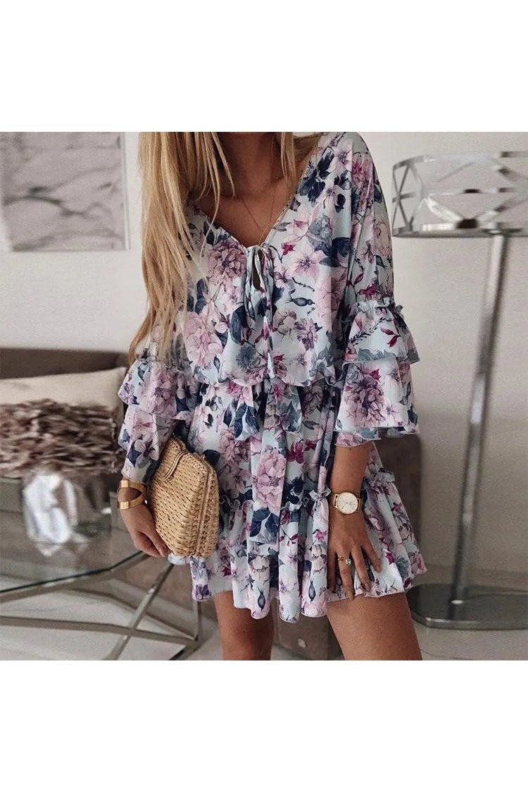 Women's V-Neck Floral Print Mini Dress