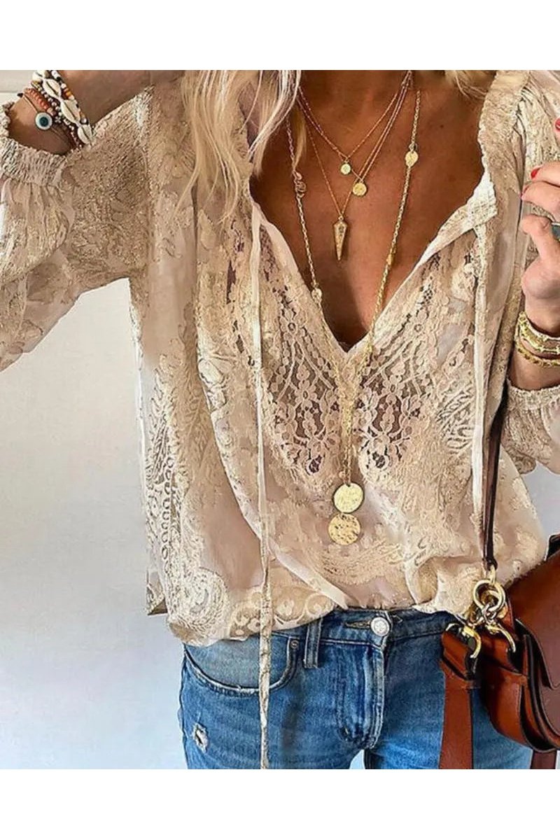 Women's V-Neck Lace Design Long Sleeve Shirt