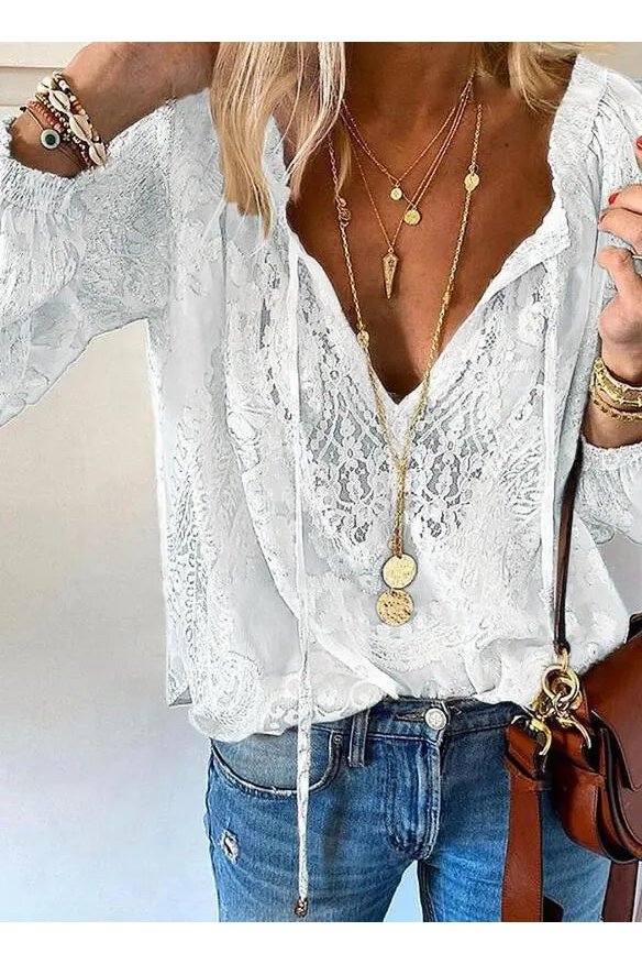 Women's V-Neck Lace Design Long Sleeve Shirt