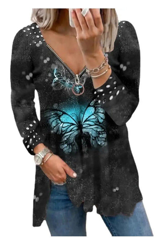 Women's V-Neck Long Sleeve Butterfly Print T-Shirt