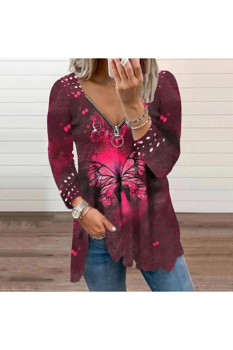 Women's V-Neck Long Sleeve Butterfly Print T-Shirt