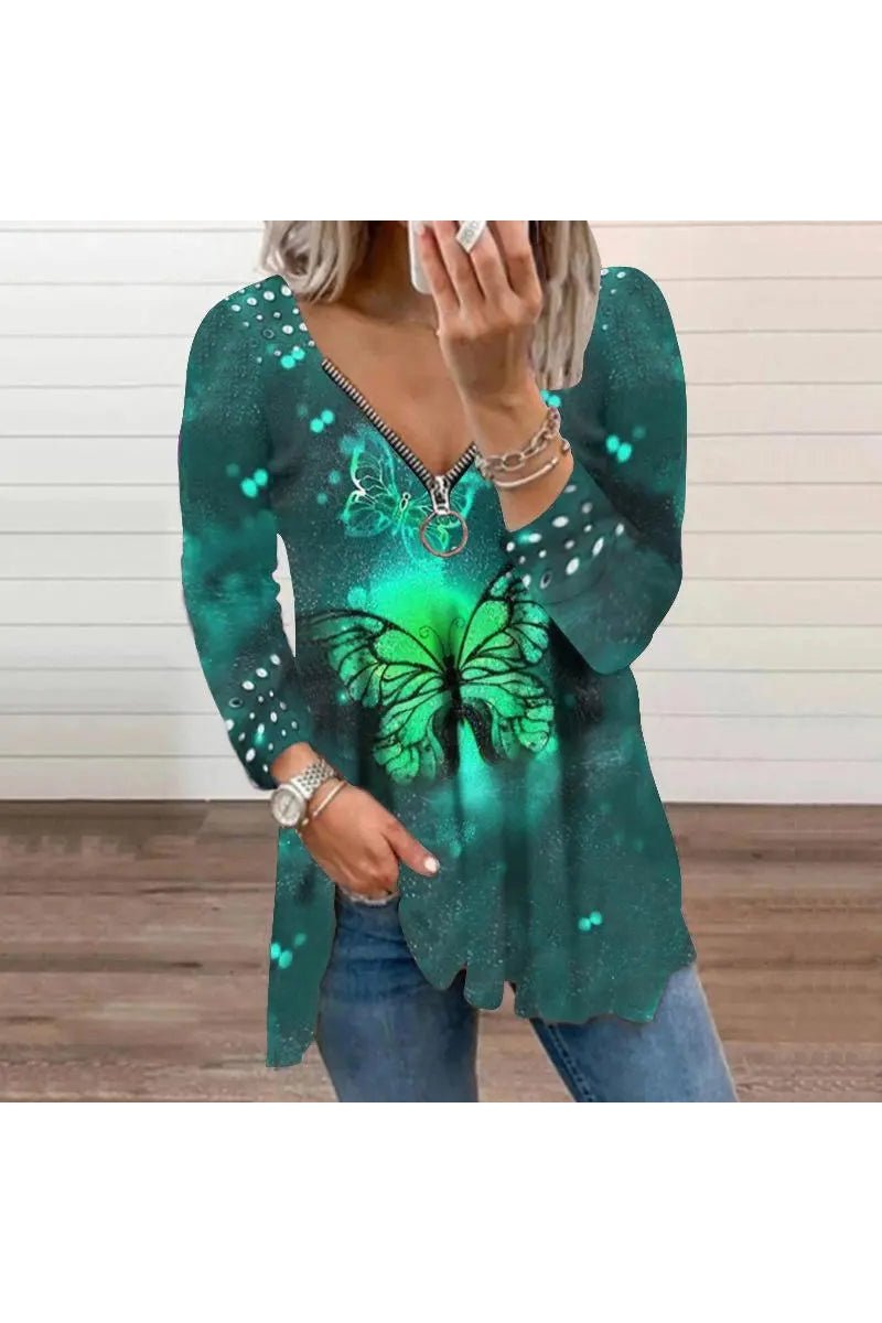 Women's V-Neck Long Sleeve Butterfly Print T-Shirt