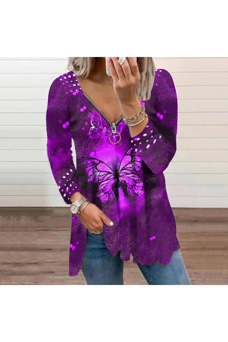 Women's V-Neck Long Sleeve Butterfly Print T-Shirt