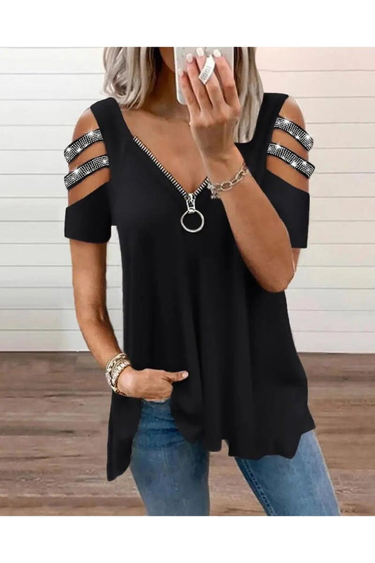 Women's V-Neck Printed Off-Shoulder Short Sleeve Top