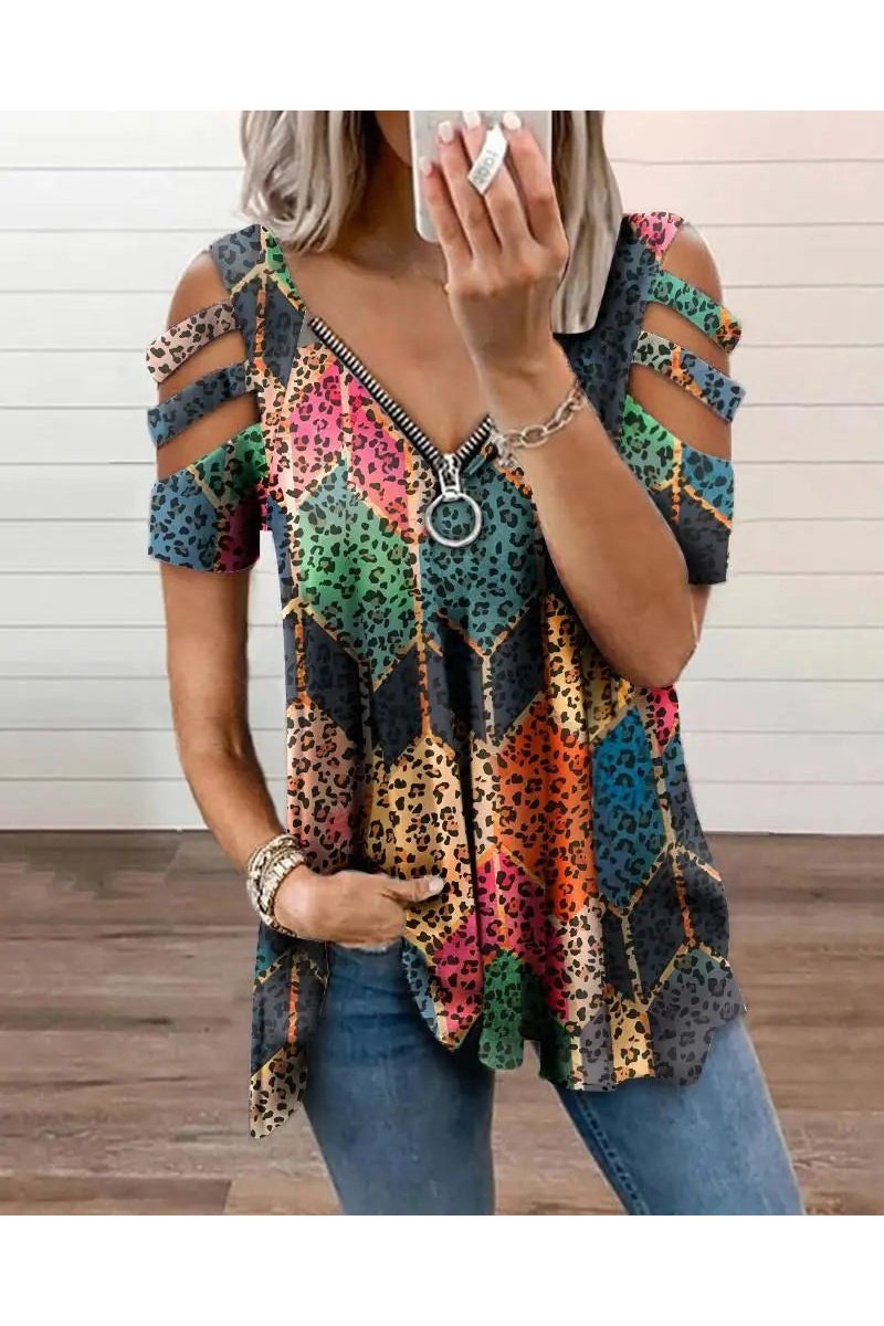 Women's V-Neck Printed Off-Shoulder Short Sleeve Top