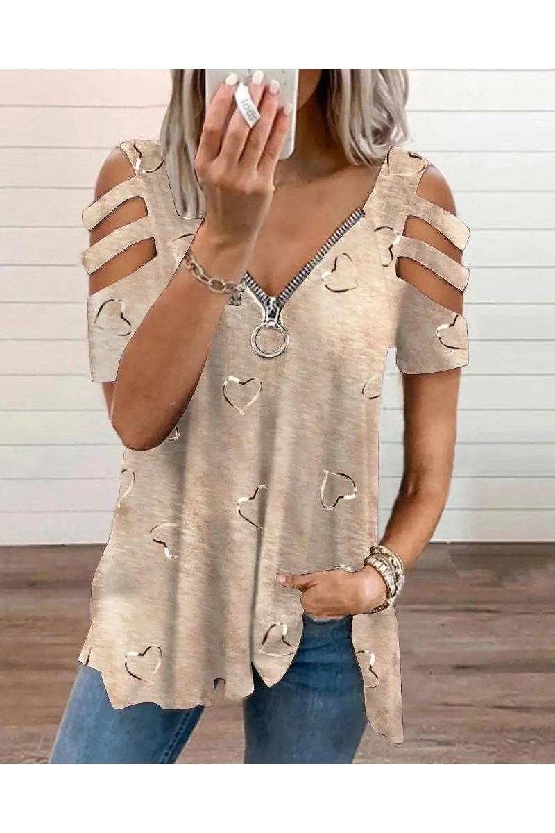 Women's V-Neck Printed Off-Shoulder Short Sleeve Top