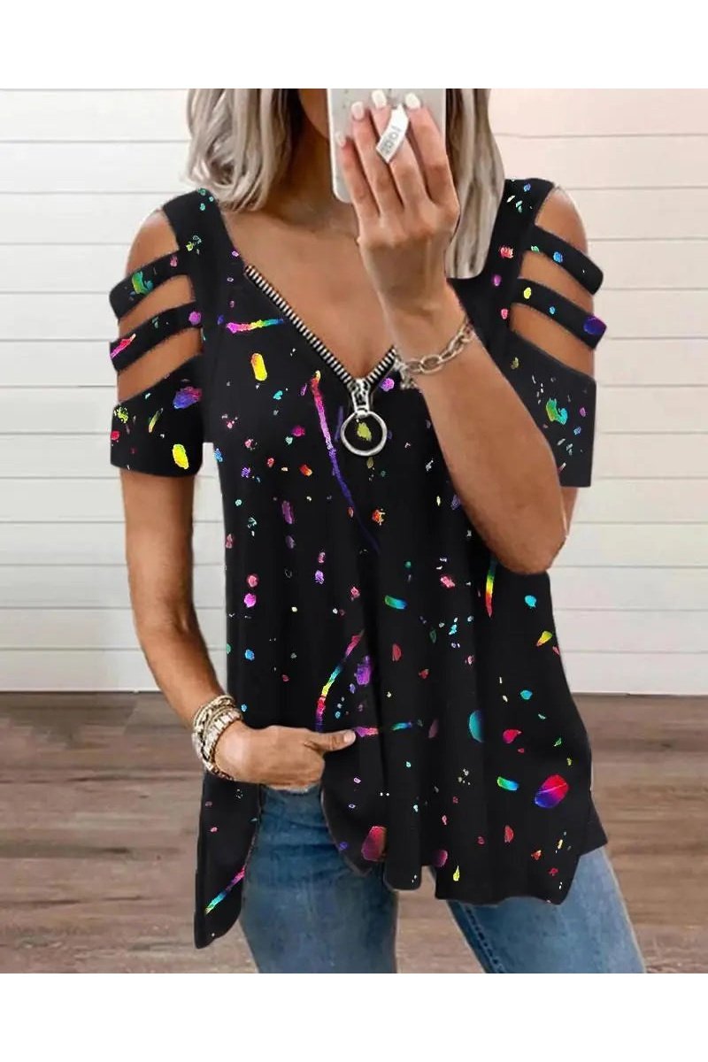 Women's V-Neck Printed Off-Shoulder Short Sleeve Top