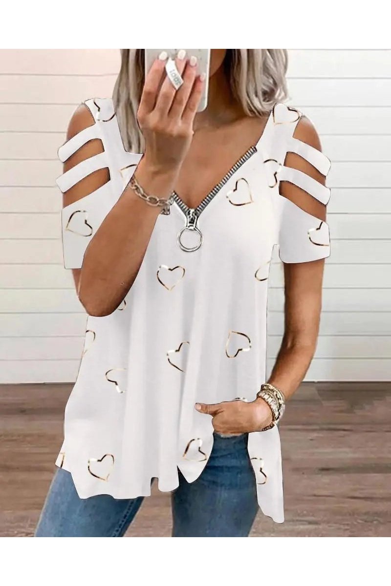 Women's V-Neck Printed Off-Shoulder Short Sleeve Top