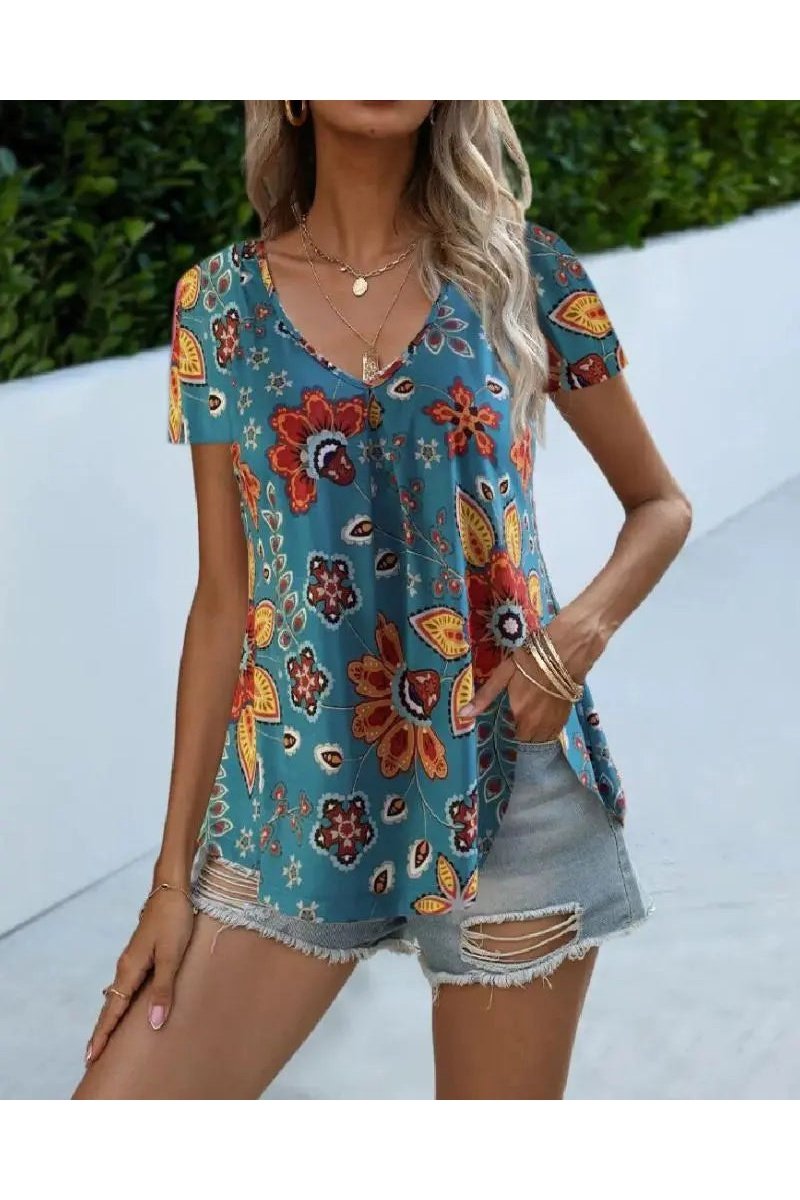 Women's V-Neck Printed Short Sleeve T-Shirt