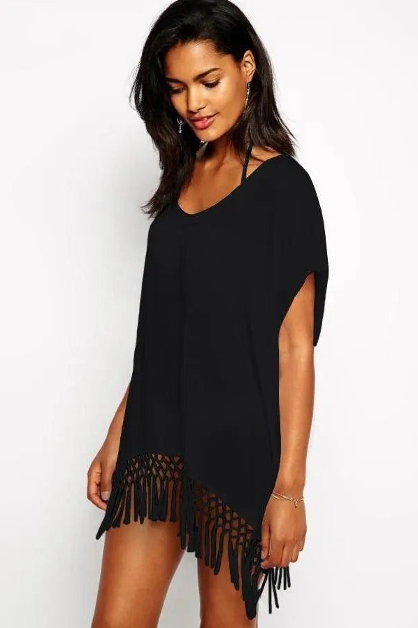 Women's V Neck Short Sleeve Tassel Hem Solid Swimsuit Cover Ups