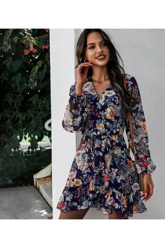 Women's V-neck Long Sleeve Chiffon Print Dress