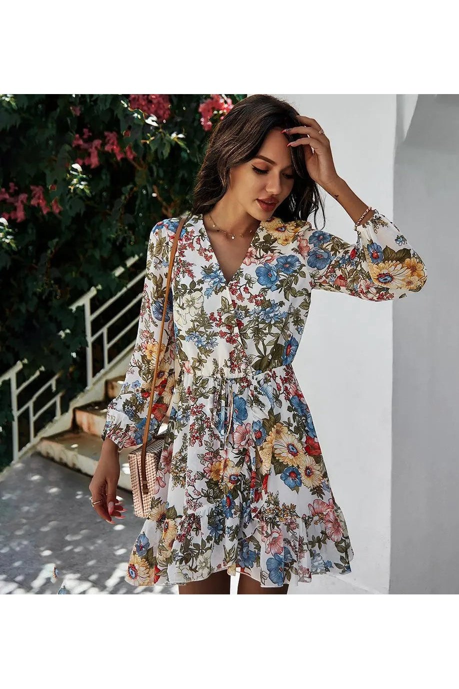 Women's V-neck Long Sleeve Chiffon Print Dress