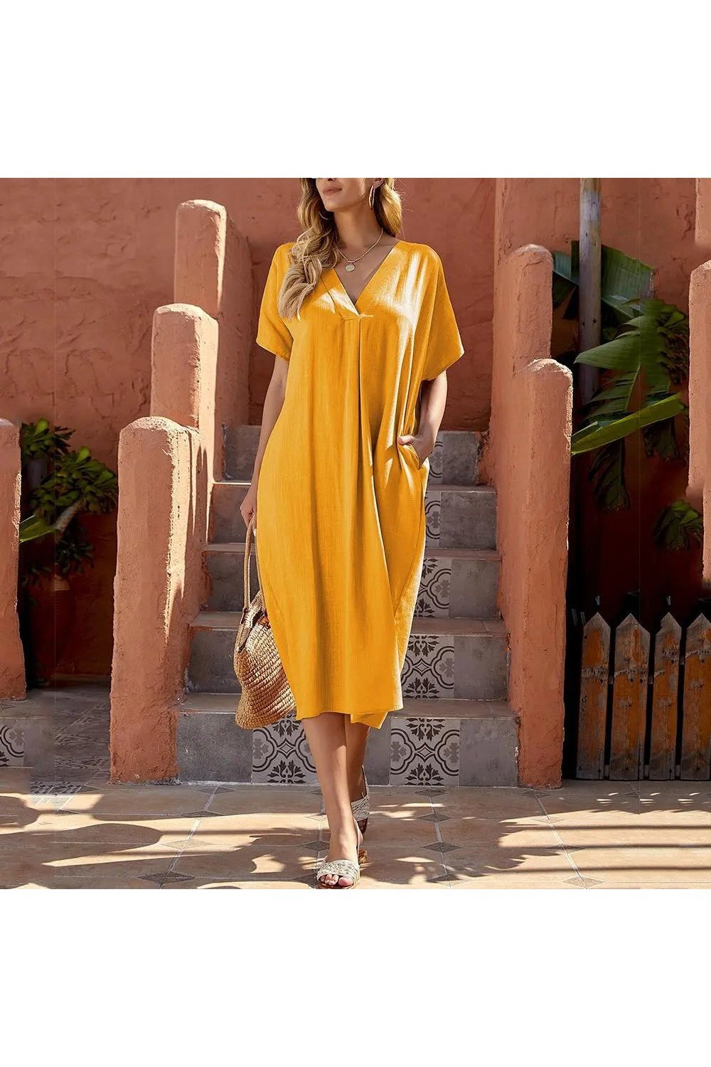 Women's V-neck Simple Plain Short Sleeve Midi Dress