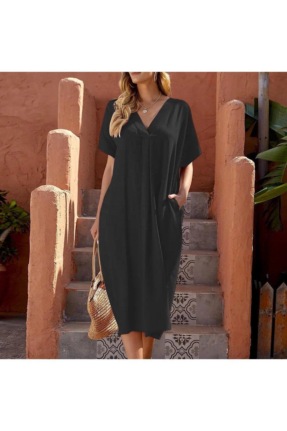 Women's V-neck Simple Plain Short Sleeve Midi Dress