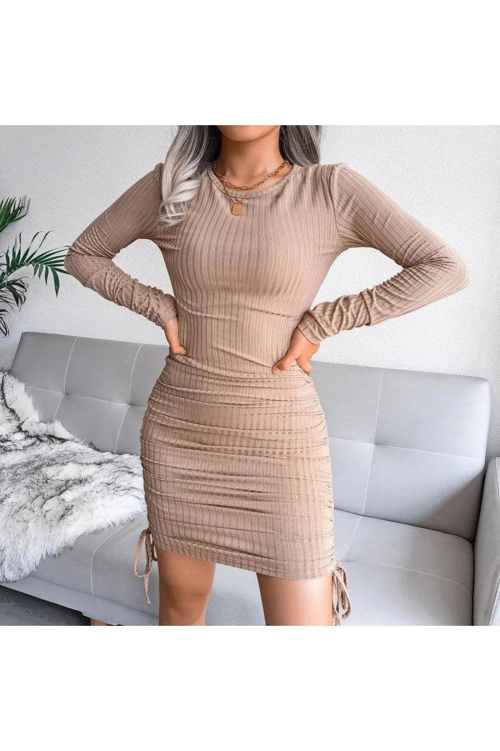 Women's Velvet Long Sleeve Drawstring Ruched Mini Bodycon Dress