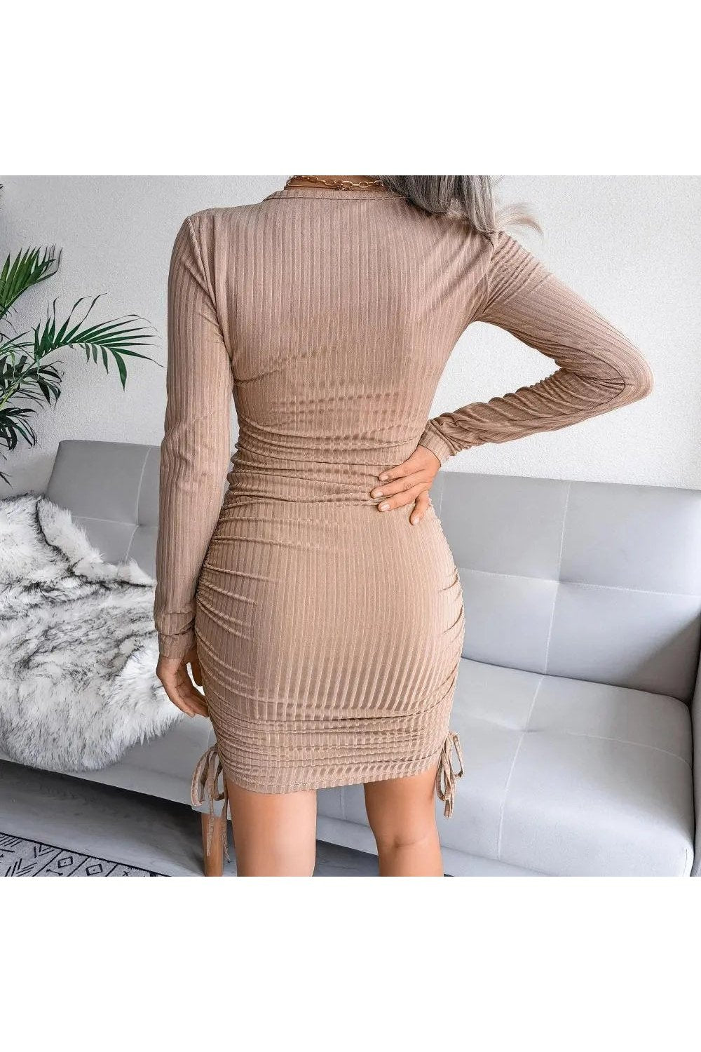 Women's Velvet Long Sleeve Drawstring Ruched Mini Bodycon Dress