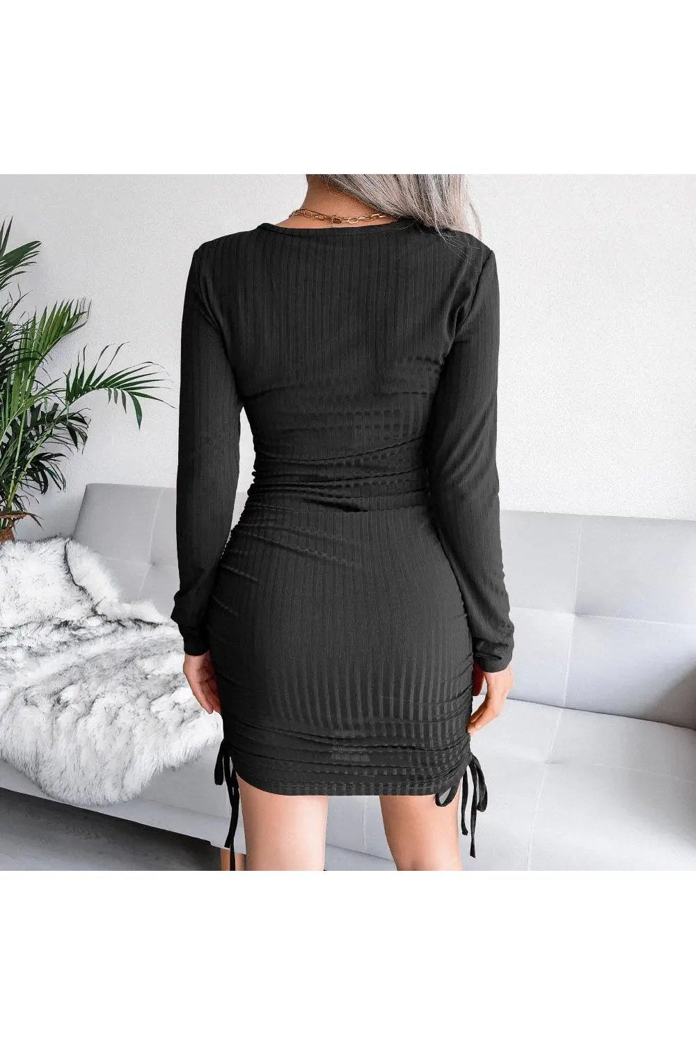 Women's Velvet Long Sleeve Drawstring Ruched Mini Bodycon Dress