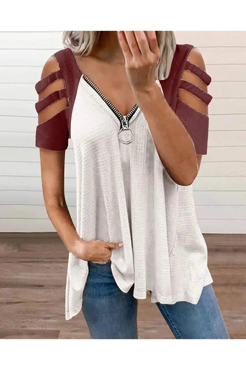 Women's Waffle Knit Cold Shoulder Zipper V Neck Tunic Tops