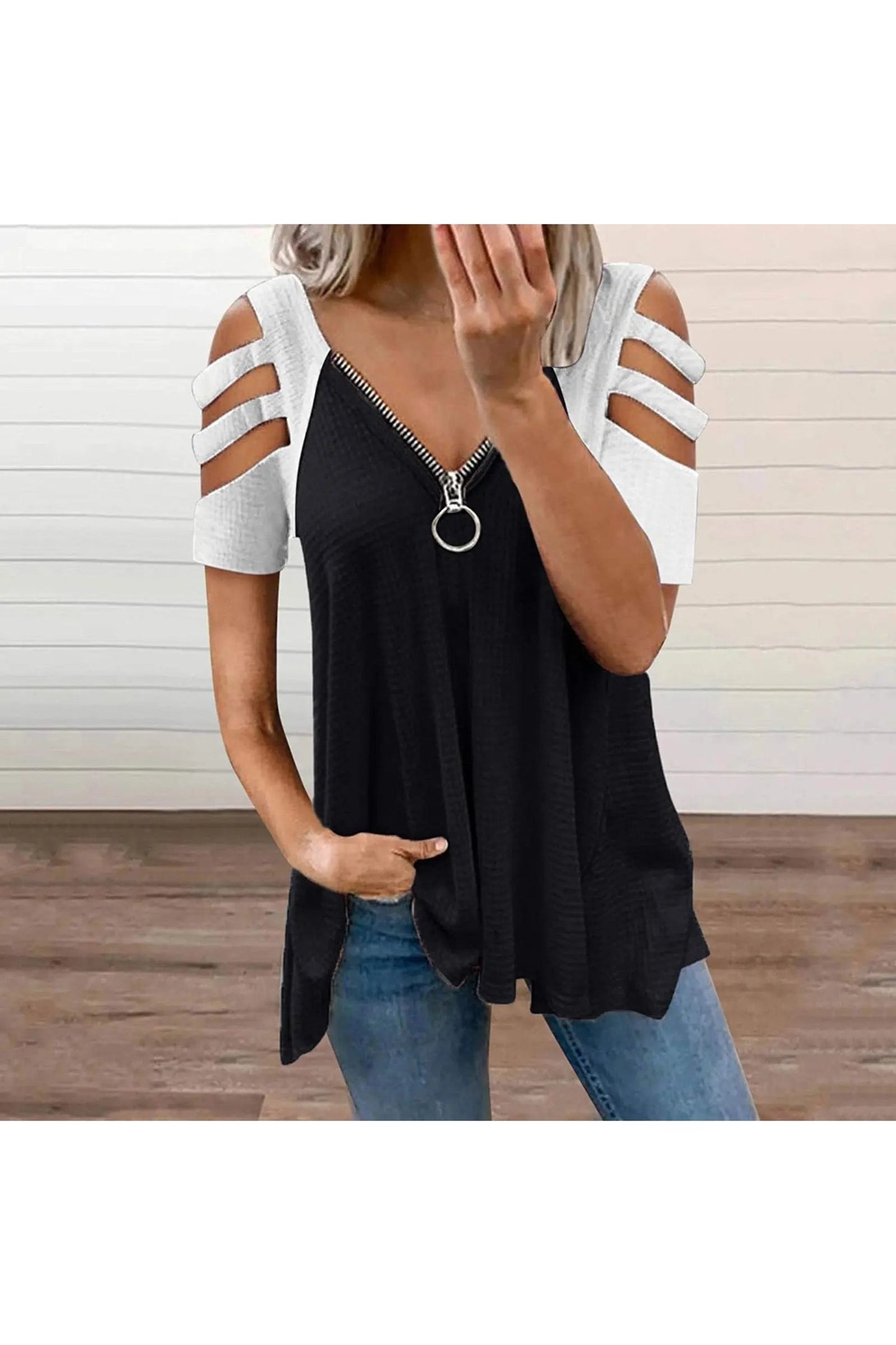 Women's Waffle Knit Cold Shoulder Zipper V Neck Tunic Tops