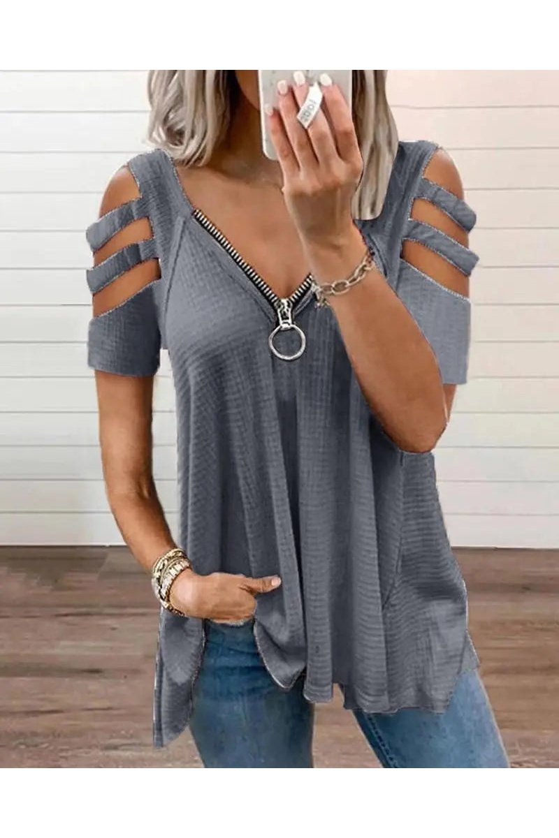 Women's Waffle Knit Cold Shoulder Zipper V Neck Tunic Tops