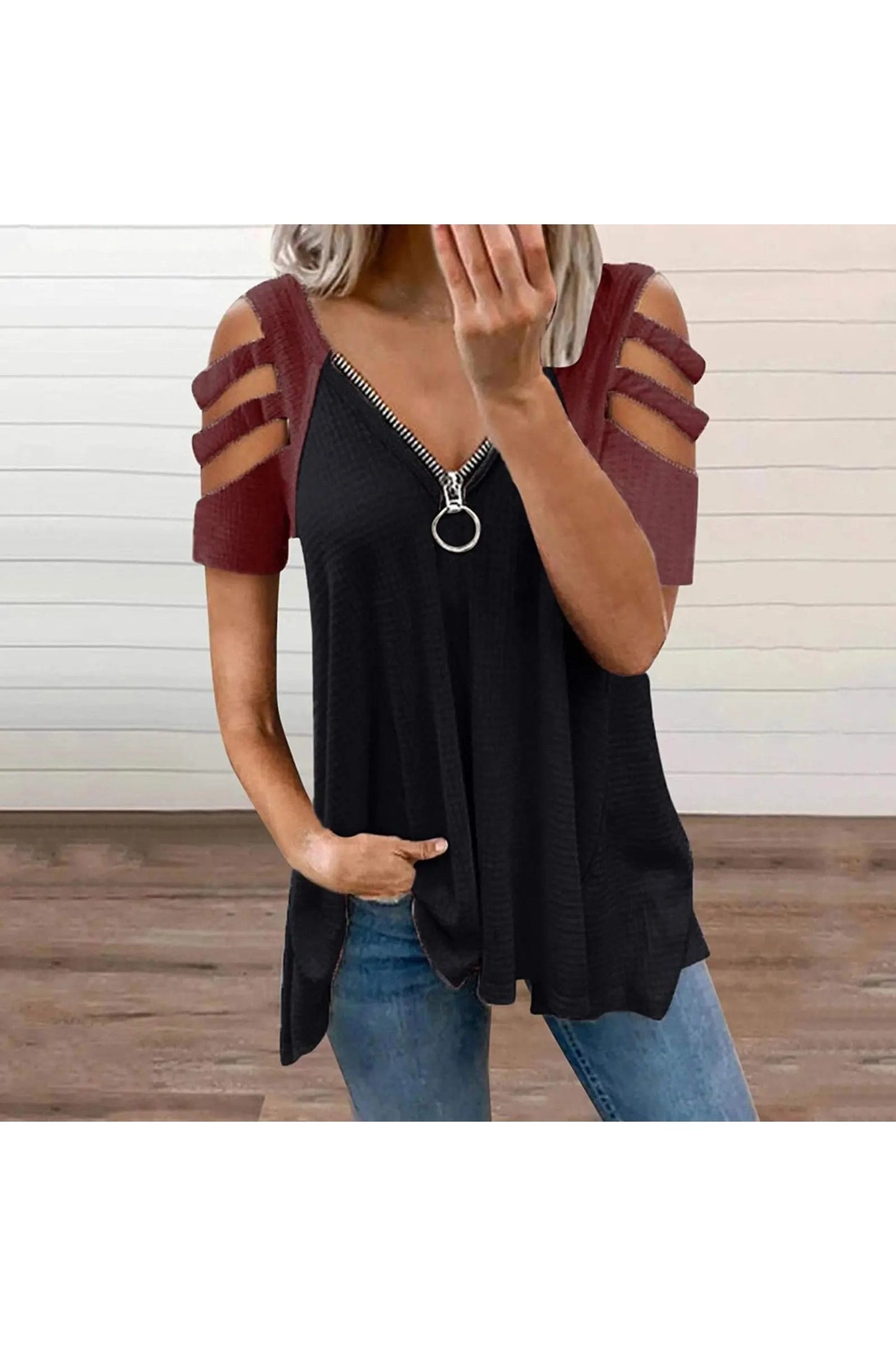 Women's Waffle Knit Cold Shoulder Zipper V Neck Tunic Tops