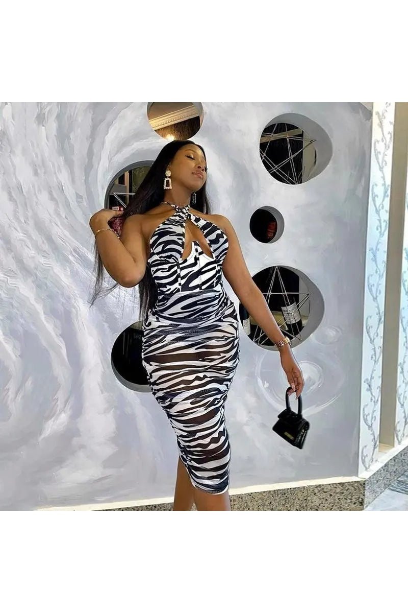 Women's Zebra Striped Backless Criss Cross Halter Midi Bodycon Dress