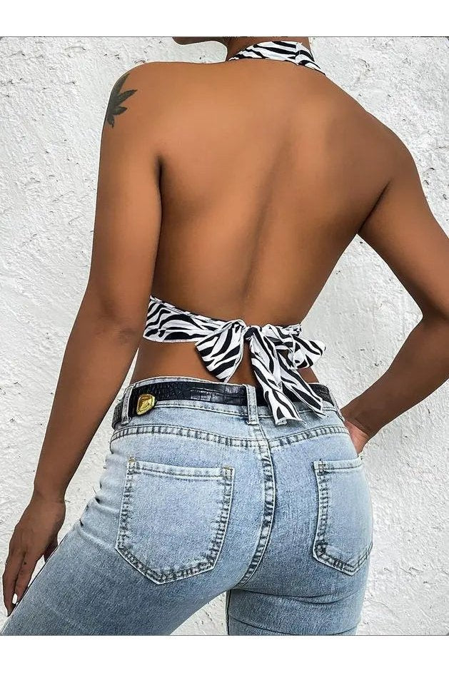 Women's Zebra Striped Deep V Knot Back Halter Crop Tops