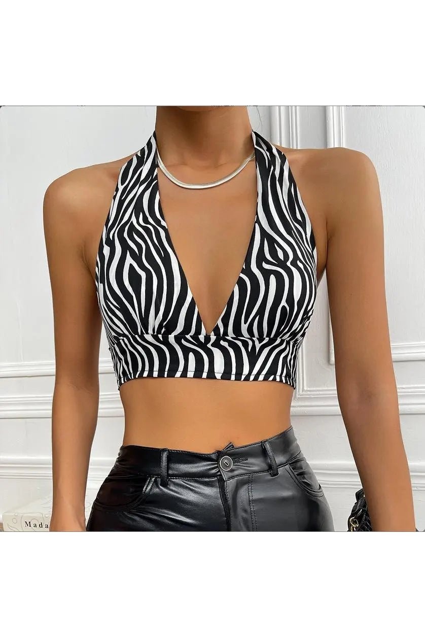 Women's Zebra Striped Deep V Knot Back Halter Crop Tops