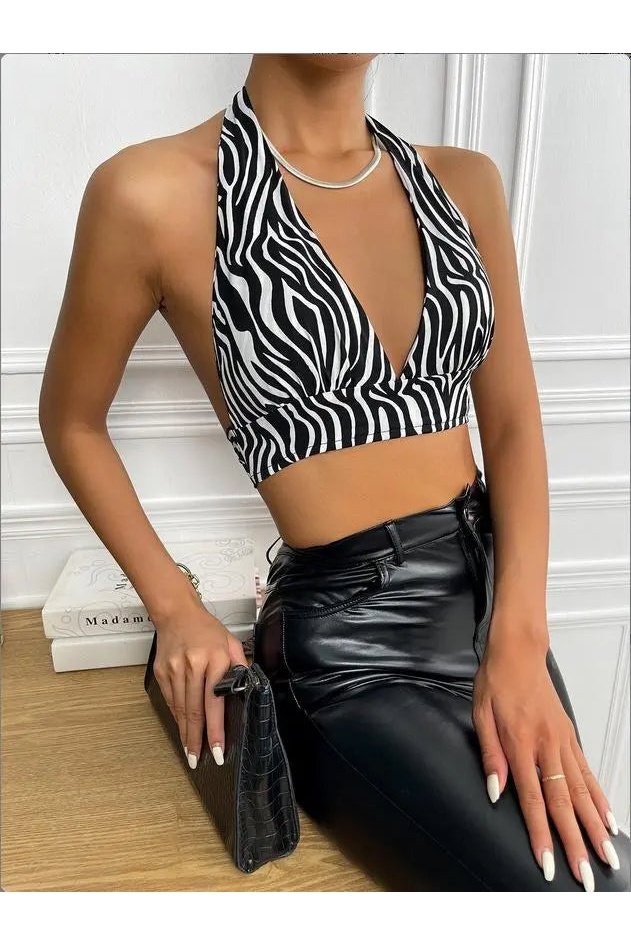 Women's Zebra Striped Deep V Knot Back Halter Crop Tops