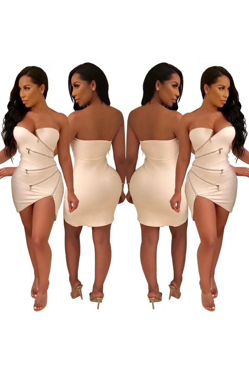 Women's Zipper Design Solid Strapless Bodycon Party Mini Dresses