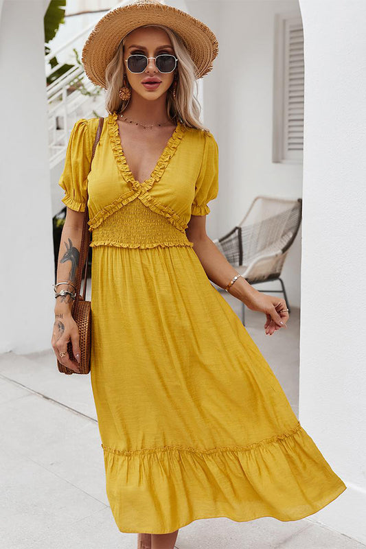 Yellow Maxi V Neck Boho Summer Dress