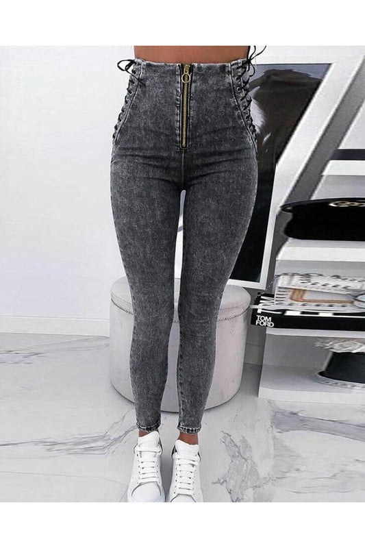 Zipper High-Waist Side Lace Up Jeans