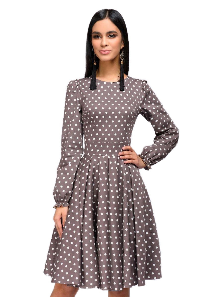 Womens O-Neck Dress Long Sleeve Dot Printing Vintage A-line Dress