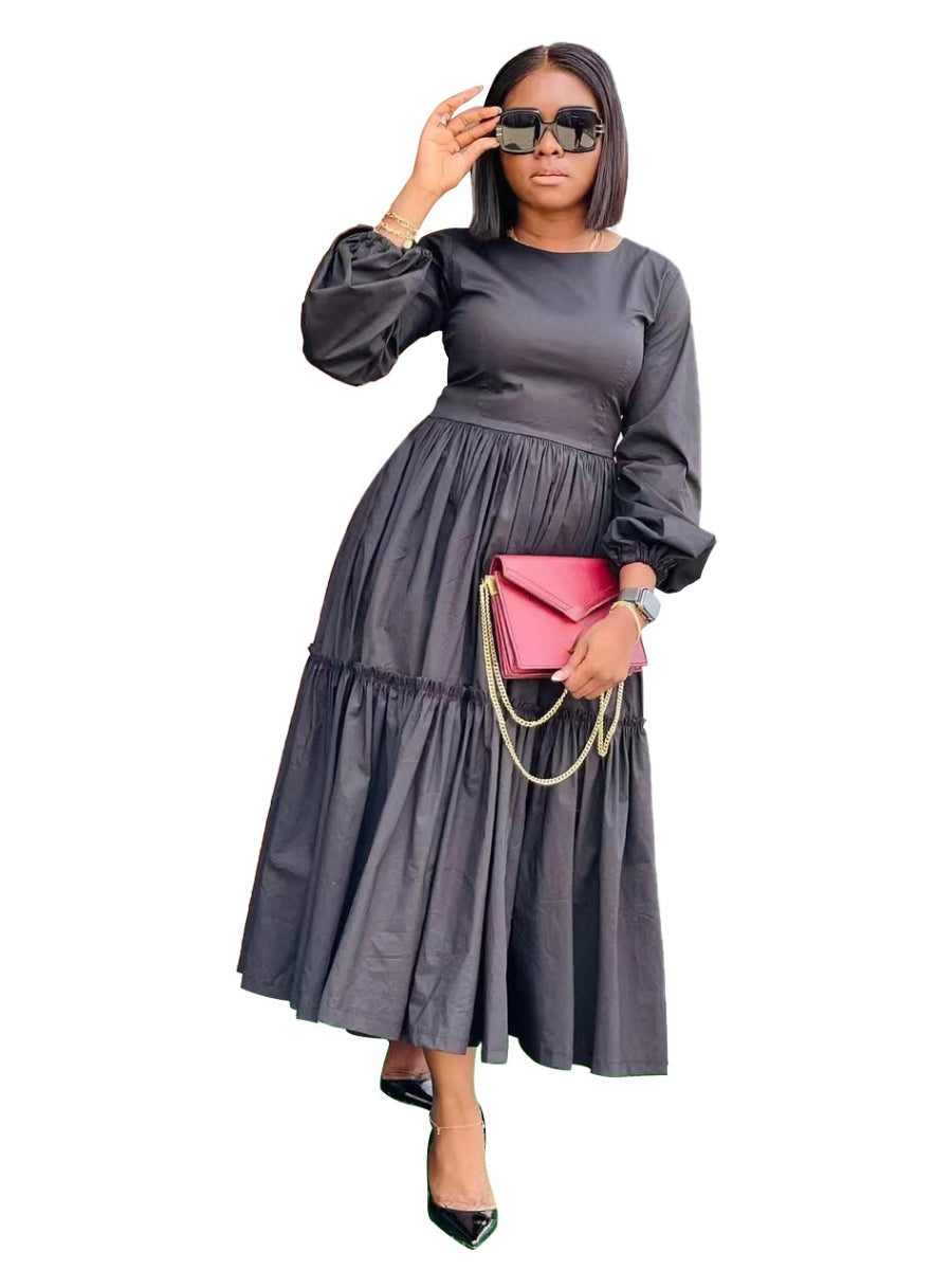 Women's Swing Dresses Round Neck Puff Sleeve High Waist Maxi Dress