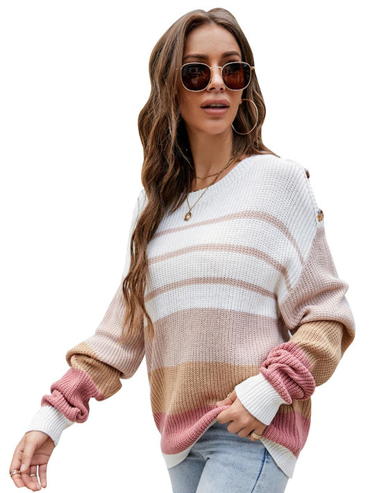 Women's Sweaters Loose Striped Round Neck Long Sleeve Pullover Sweaters