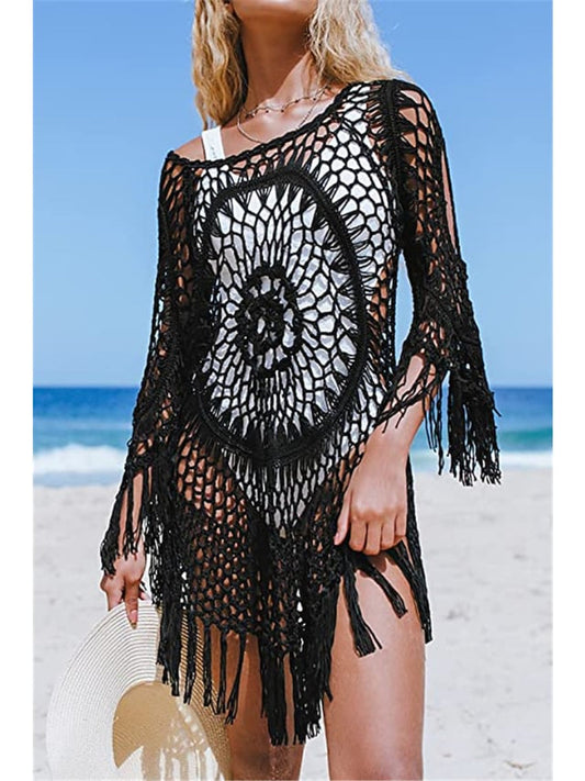 Women's Swimwear Cover Up Hole Tassel Pure Color Beach Dress Swimsuit